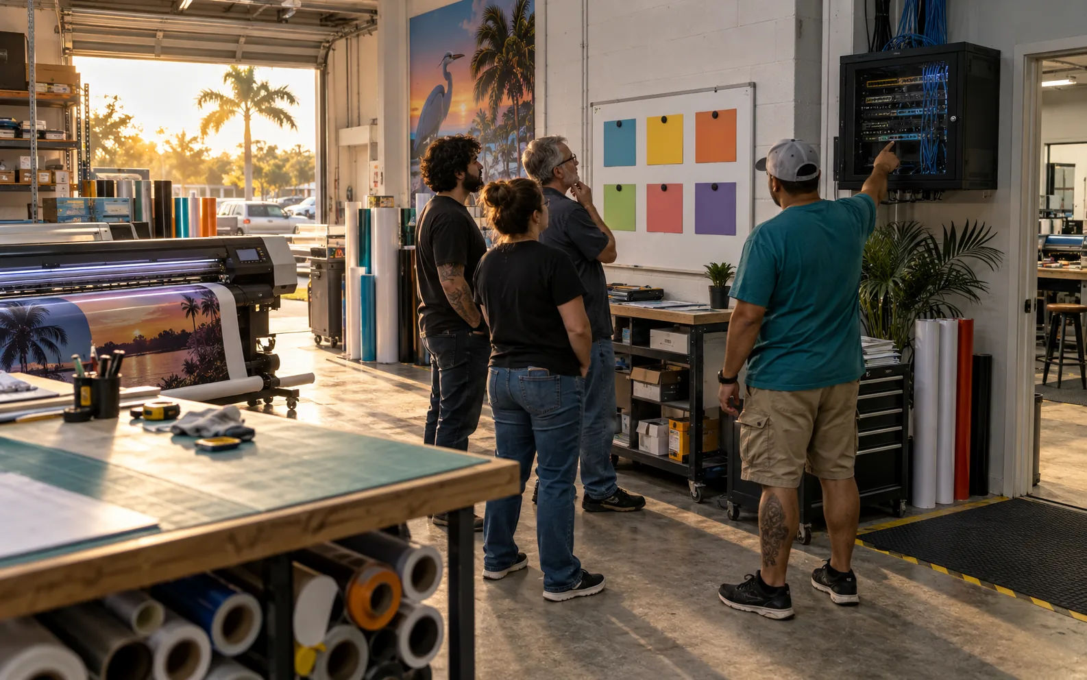 Central Florida small-business team reviewing six security decisions beside network equipment in a commercial print workshop.