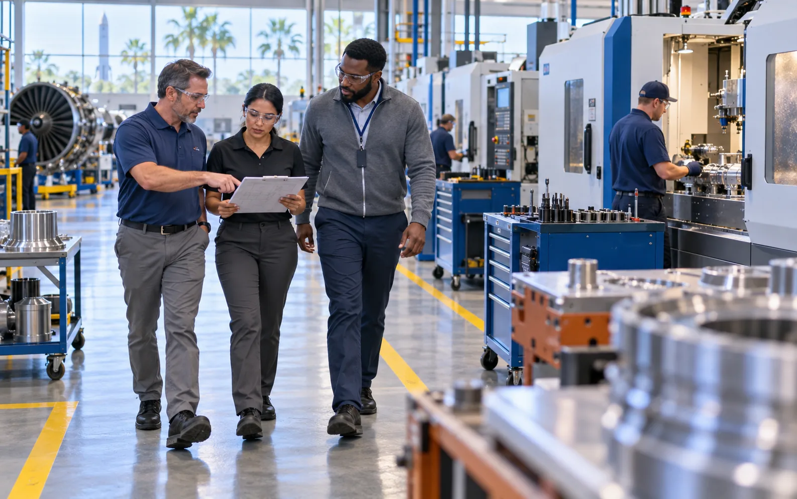 Central Florida manufacturing leaders and an IT specialist reviewing an asset map on a U.S. aerospace production floor.