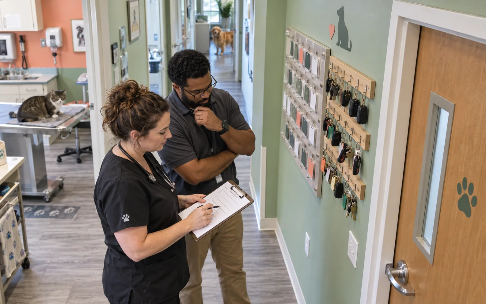 Veterinary practice manager and IT technician reviewing former-user badges and physical keys in a Central Florida clinic.