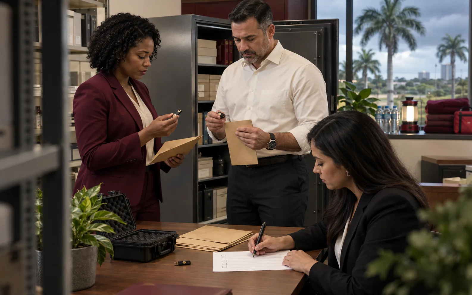 Central Florida operations leaders testing hardware security keys and sealed emergency-access credentials in a secure records room.