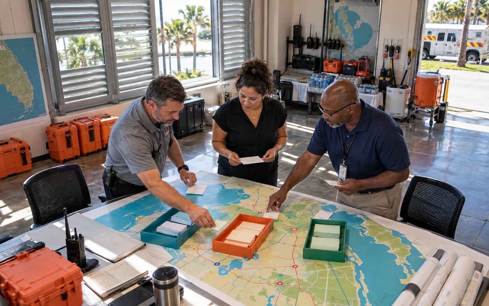 Central Florida business and public-sector leaders organizing verified cybersecurity resources in an emergency operations training room.