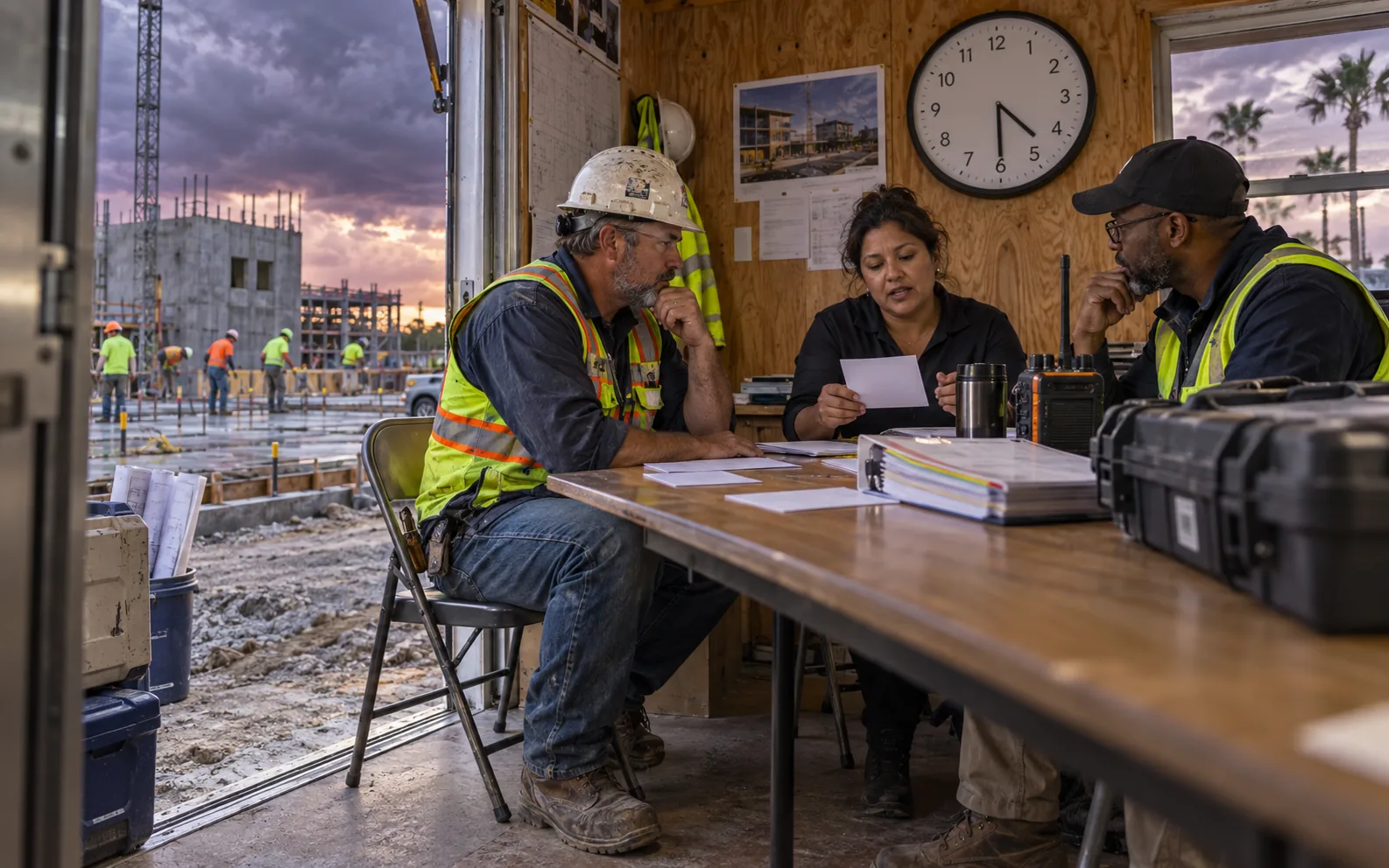 Construction leaders conducting a timed ransomware-readiness interview in a Central Florida project trailer.
