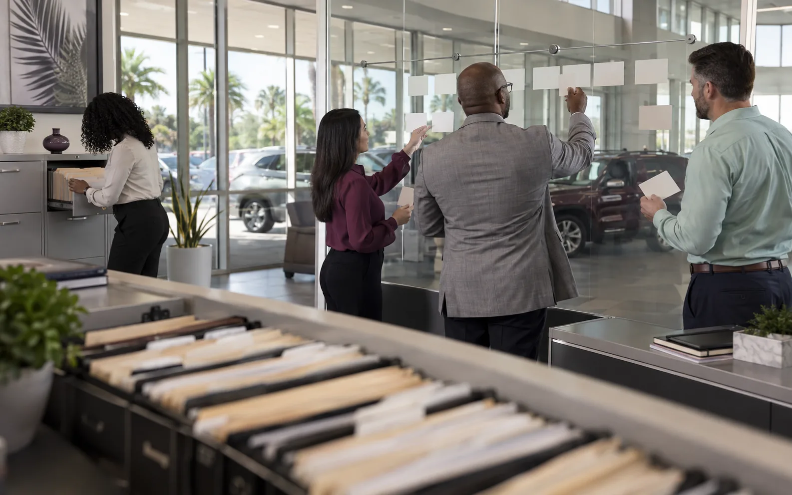 Central Florida automotive finance office team documenting an incident-reporting decision beside secured records.