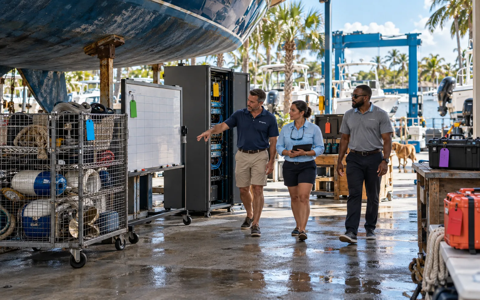 Central Florida marine-service leaders reviewing six security operating areas across an active U.S. boatyard.