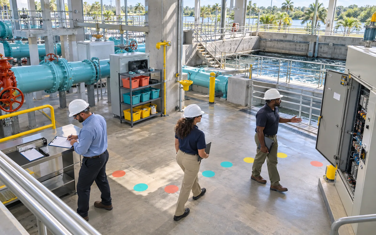 Central Florida infrastructure representatives following a color-coded cybersecurity assessment route inside a municipal water facility.