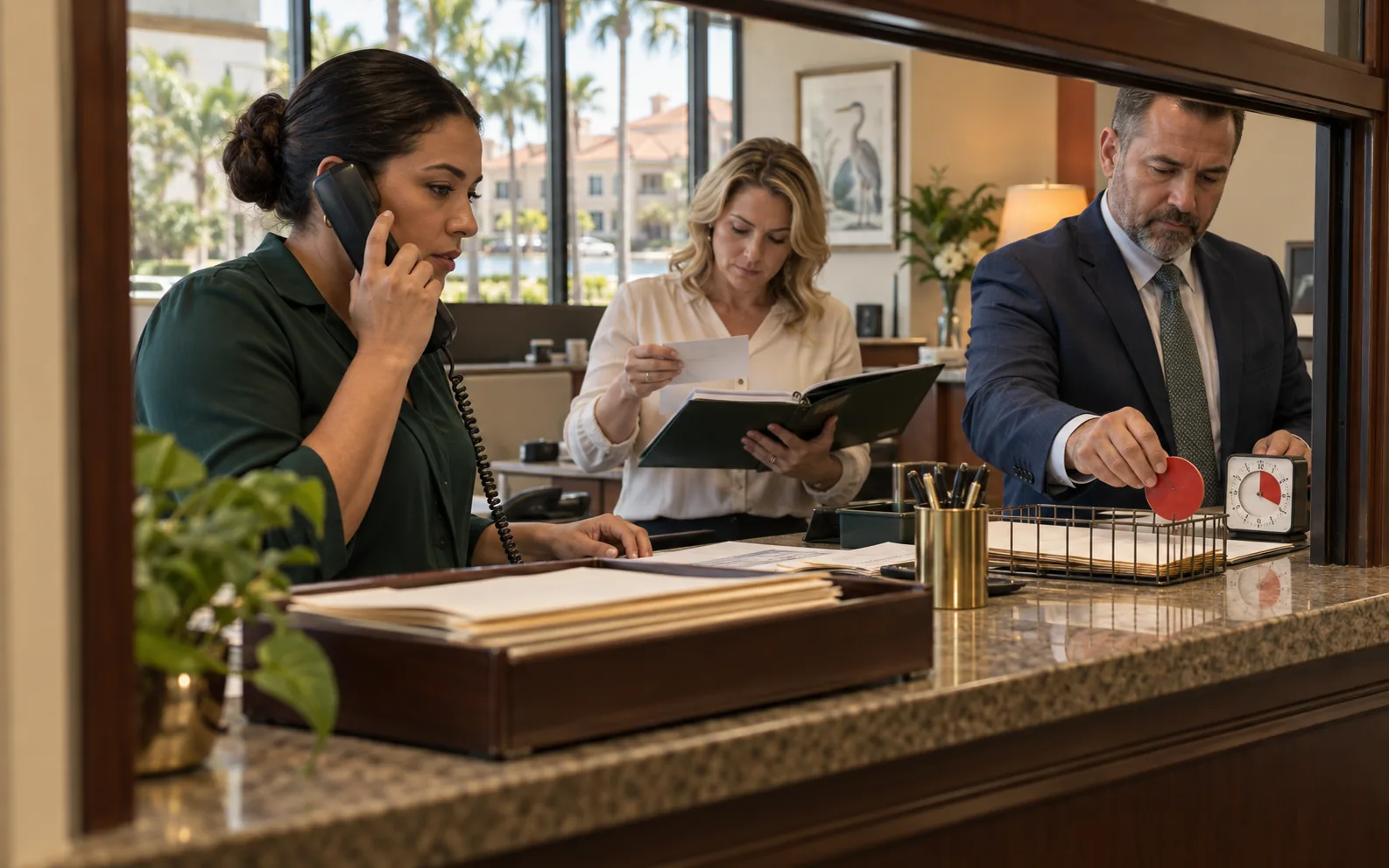 Central Florida title-office employees practicing an independent phone verification before approving a payment change.