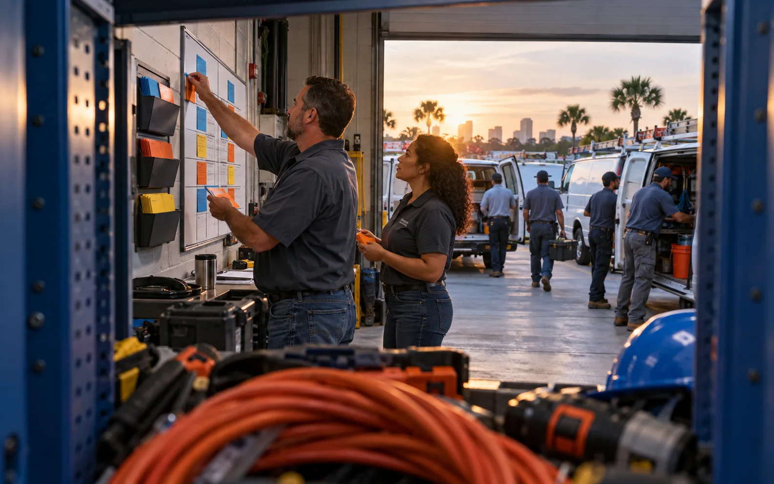 Central Florida electrical contractor managers routing verified cybersecurity alerts to field operations.