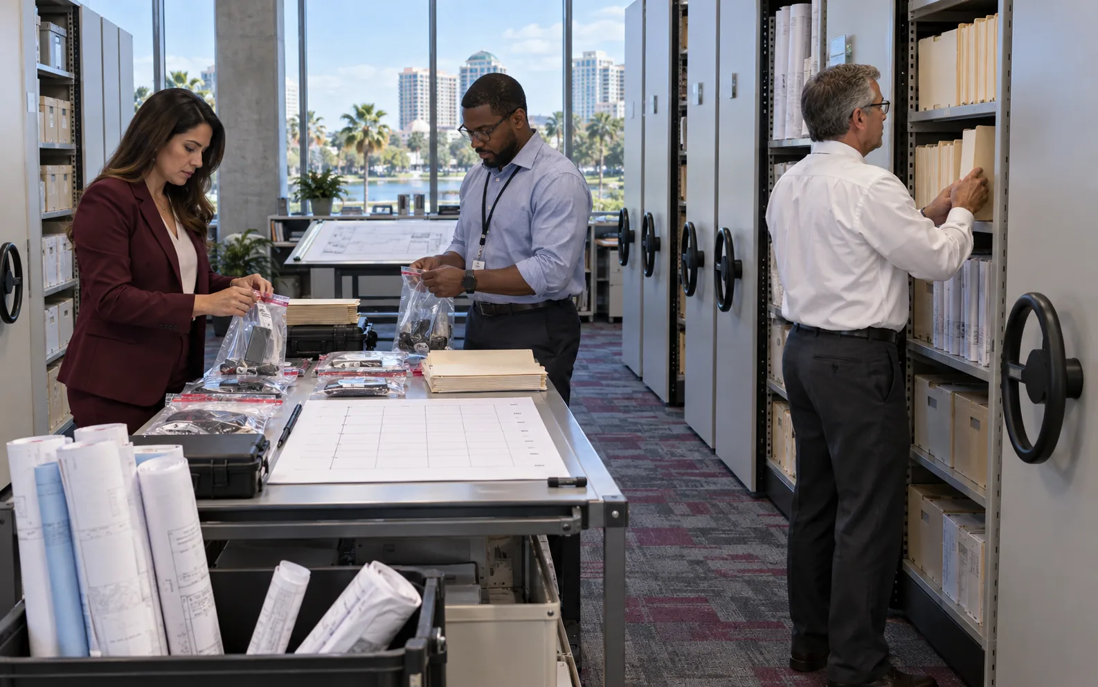 Central Florida legal, technical, and records staff organizing evidence for a data-breach decision.