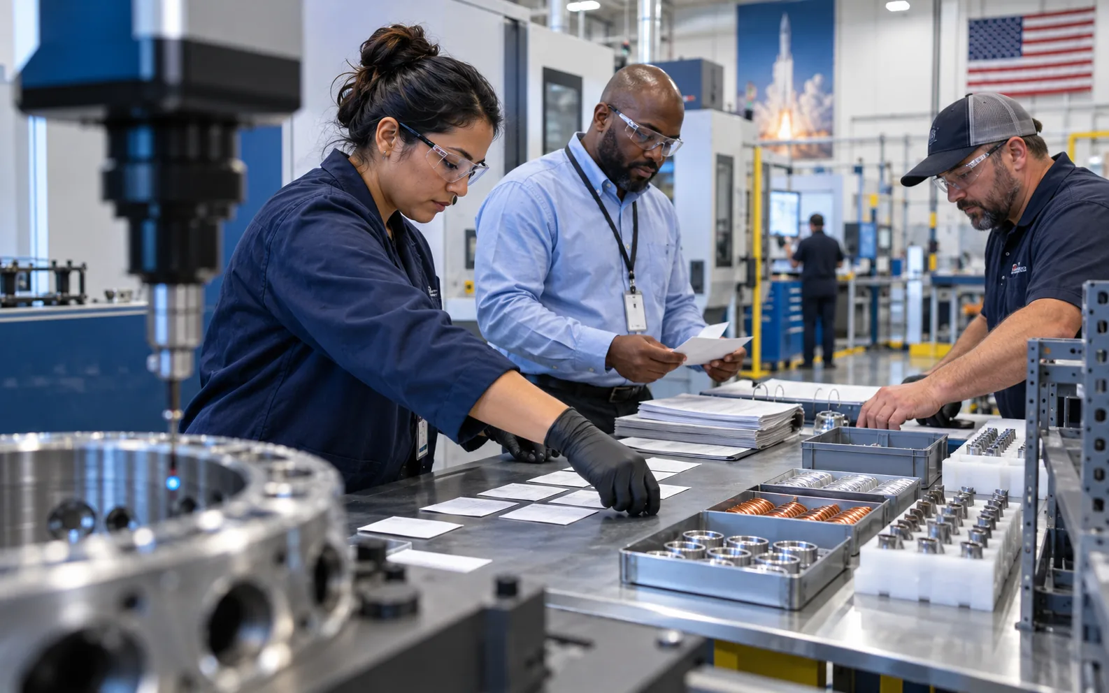 Central Florida aerospace supplier team organizing CUI assessment evidence on a secure U.S. production floor.