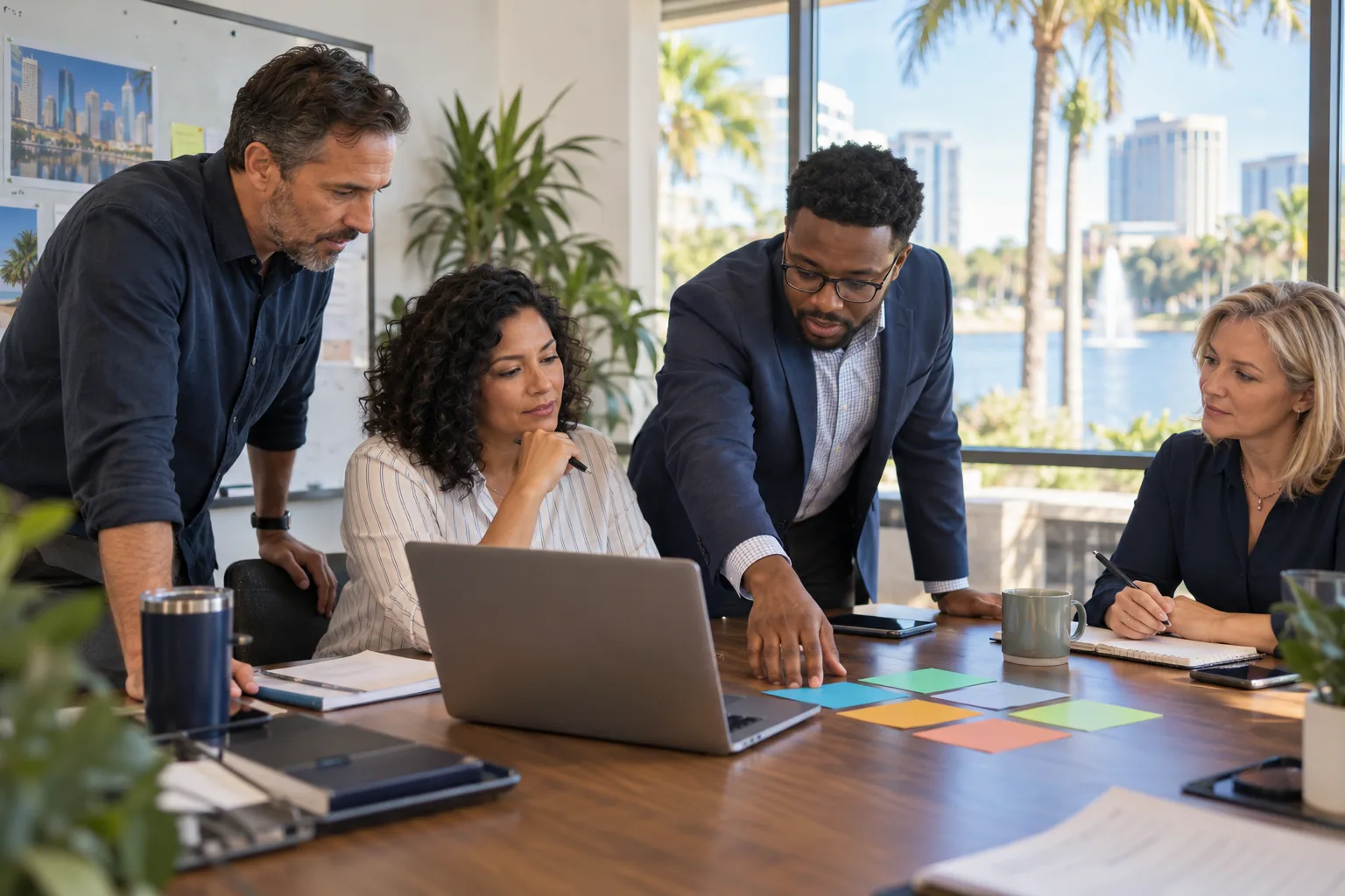Small business team reviewing six cybersecurity program functions in a bright Central Florida office