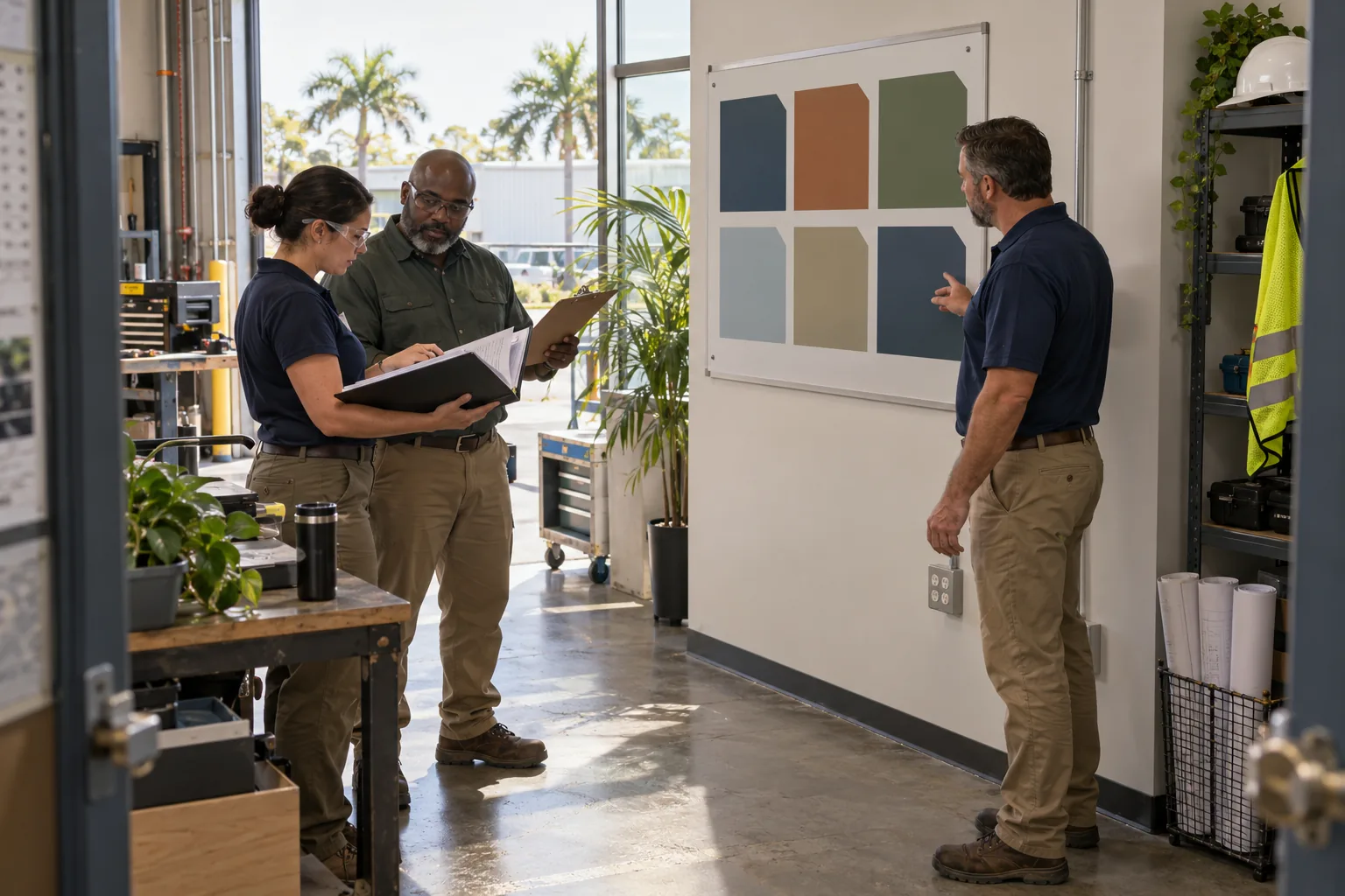 Central Florida engineering-office team reviewing a six-part cybersecurity planning board and continuity records