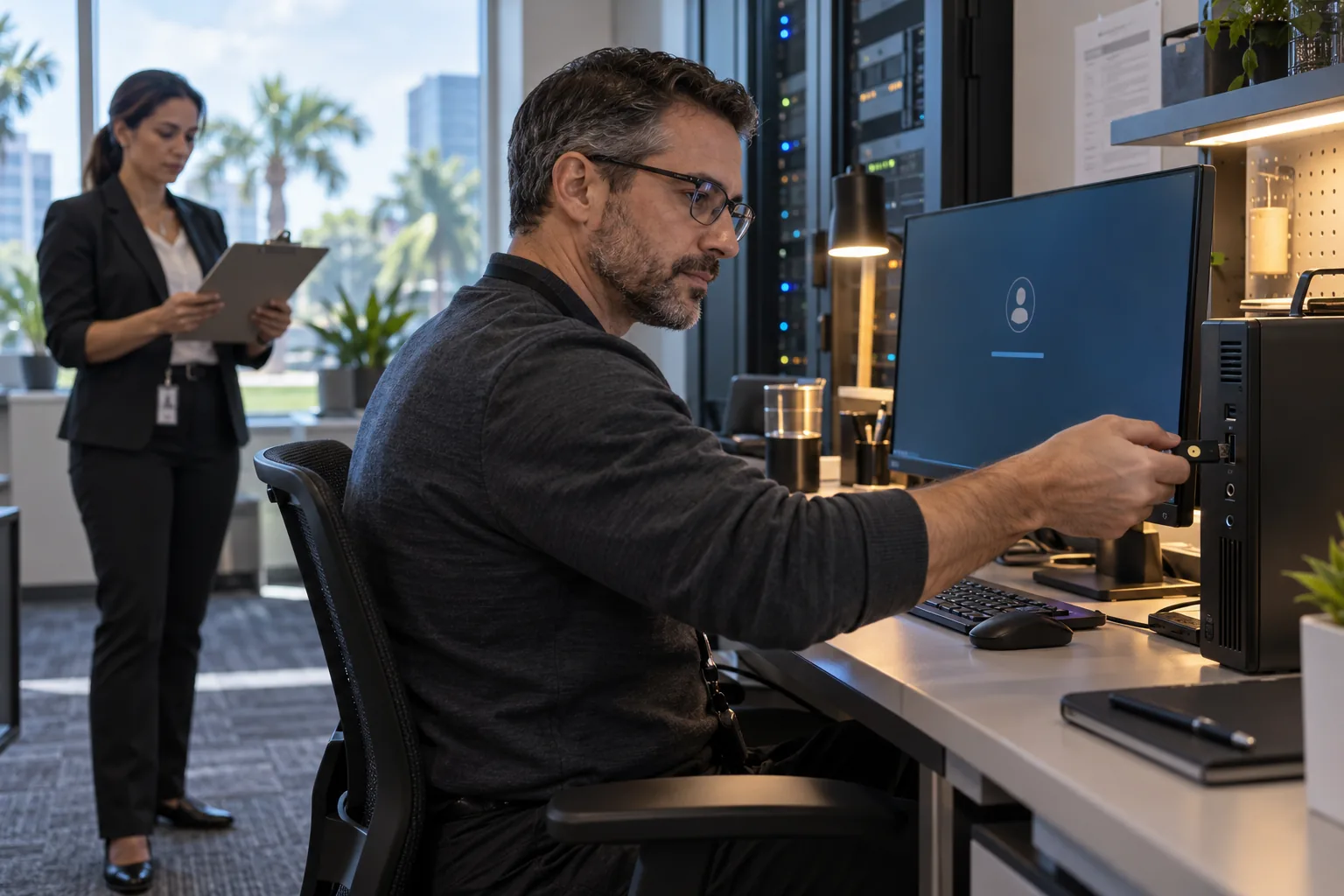 Microsoft 365 administrator using a hardware security key at a secure workstation in a Central Florida professional office