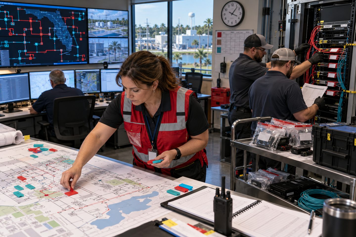 Central Florida incident-response coordinator marking affected network zones while technicians isolate equipment in a U.S. operations room