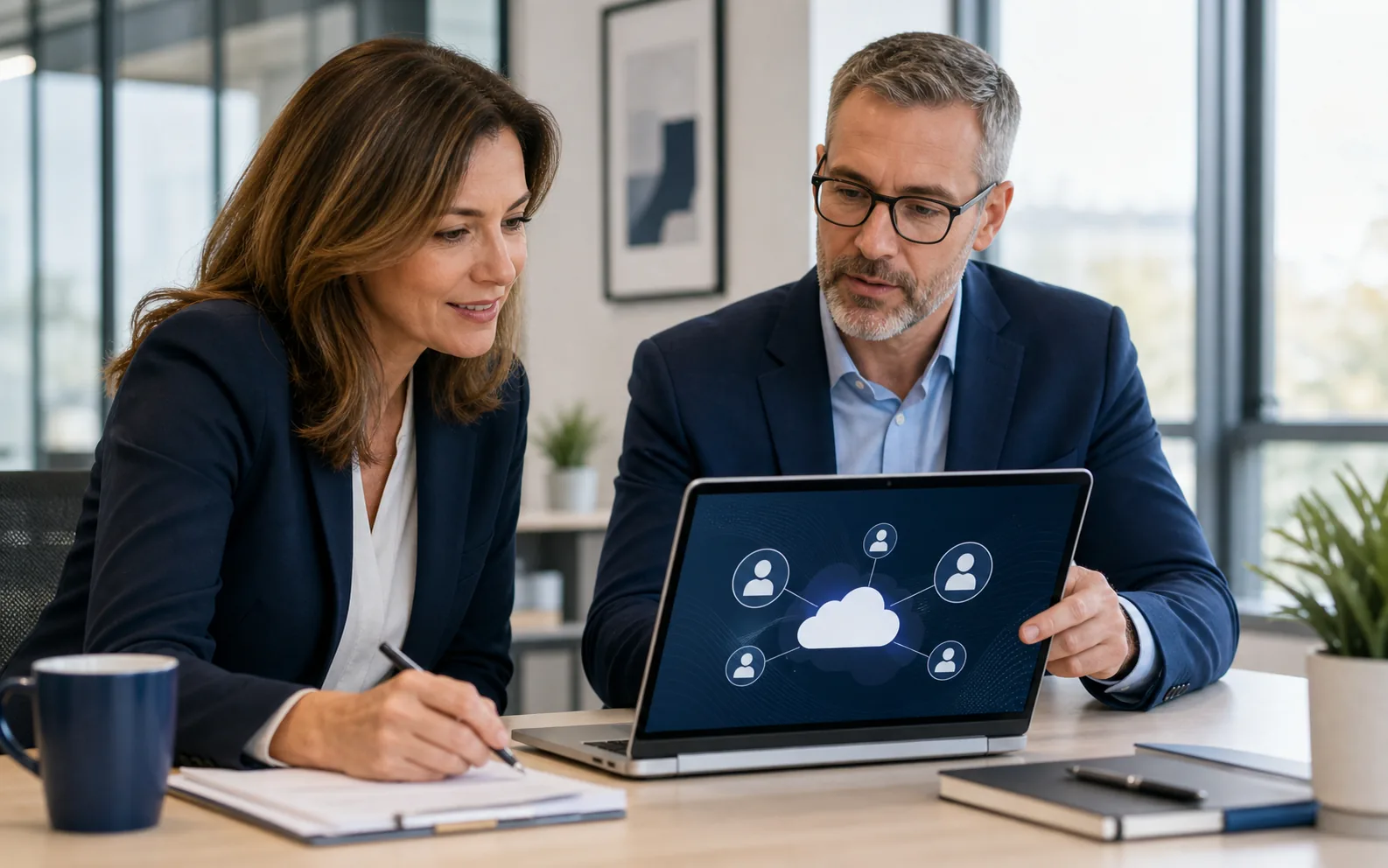 An office administrator reviewing Microsoft 365 identity recovery procedures with a security consultant