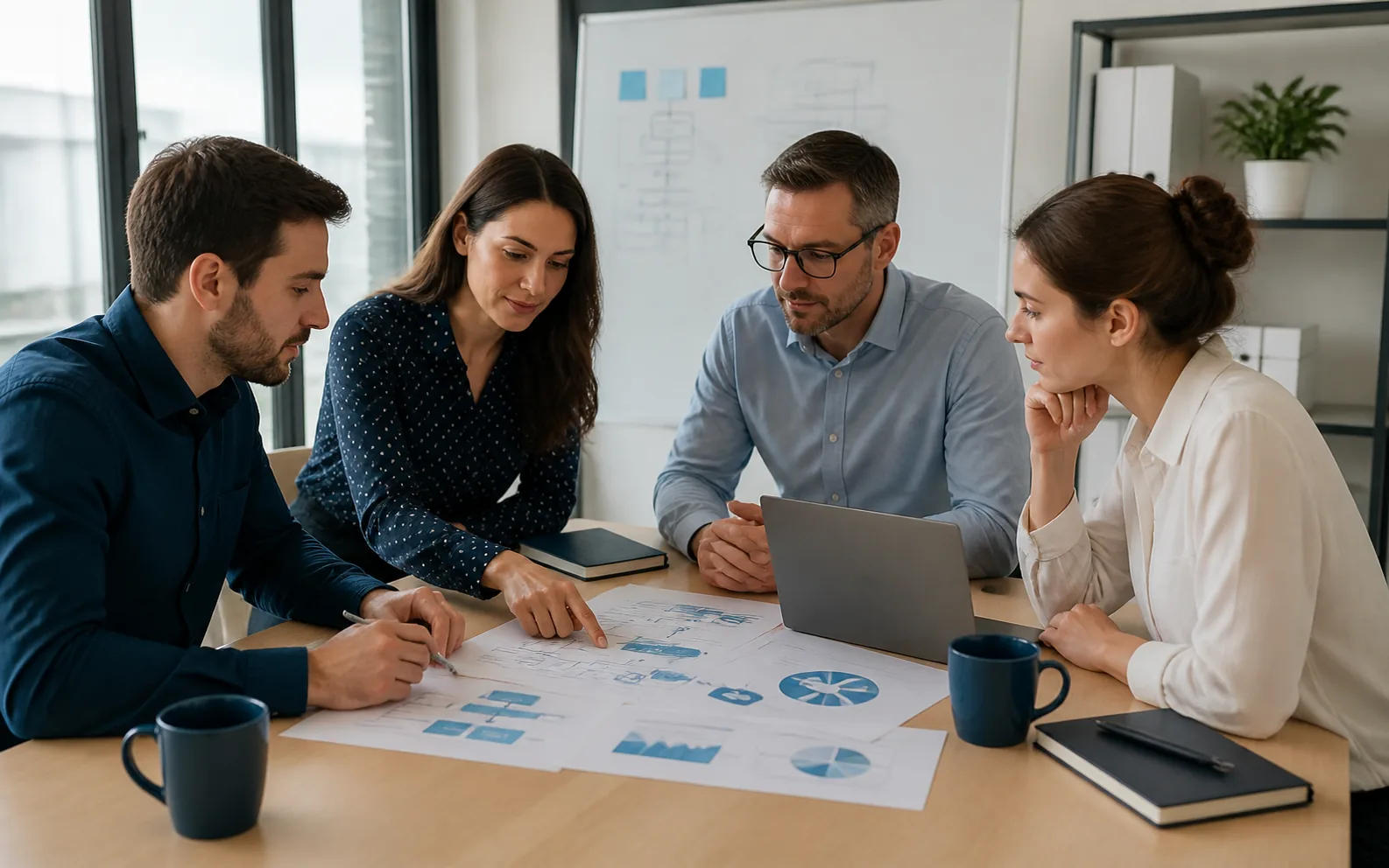 A small office team reviewing a calm, step-by-step recovery plan after a simulated technology outage