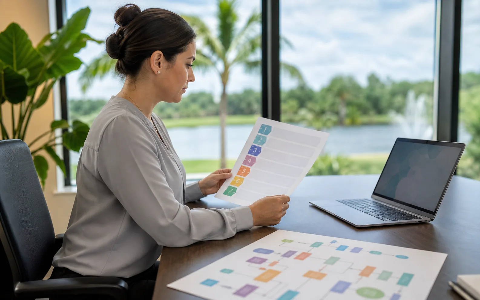 Office manager reviewing a simple cybersecurity planning worksheet beside a laptop and printed business process map
