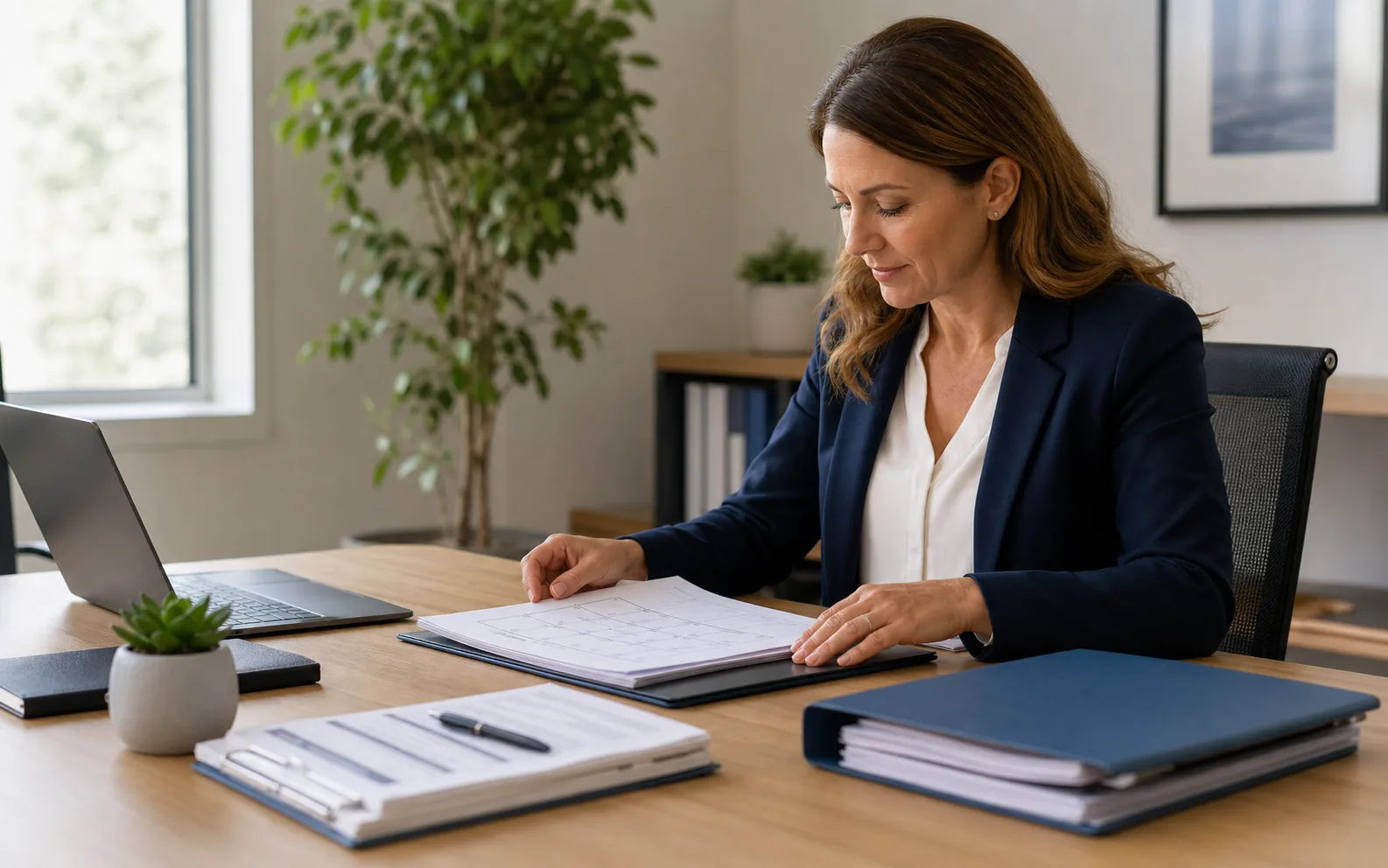 Professional office manager organizing a confidential cybersecurity evidence file with routine review records