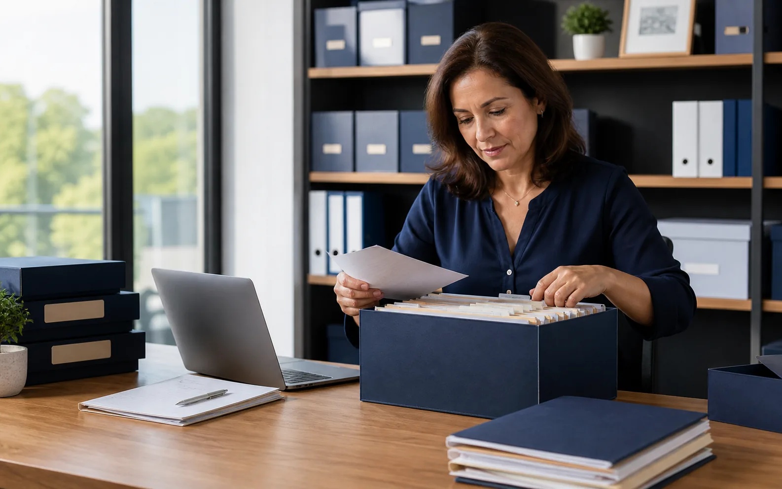 A professional-office manager organizing security and compliance evidence in a secure records workspace
