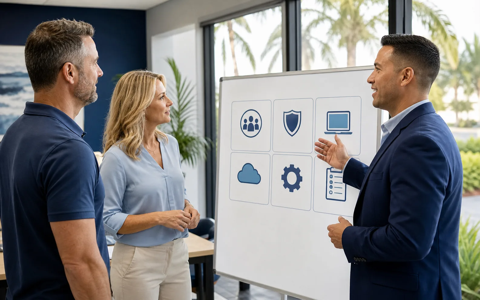 A Central Florida office manager reviewing a simple cybersecurity planning board with a technology adviser