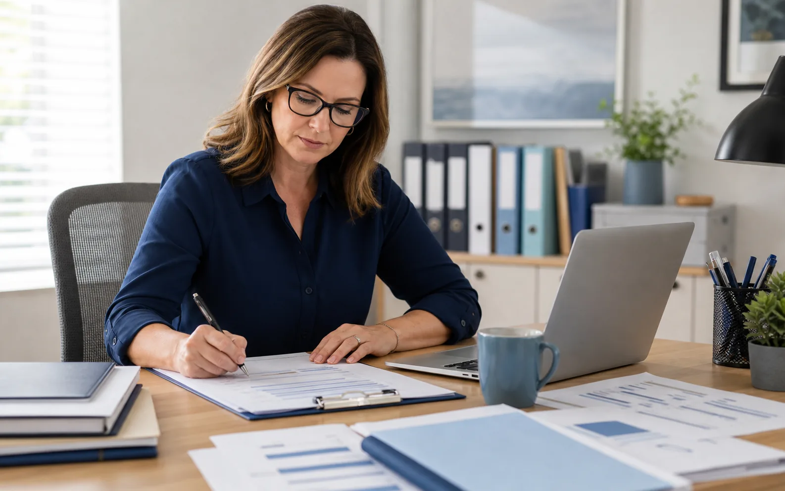 An office manager completing a cybersecurity evidence worksheet at a small business desk